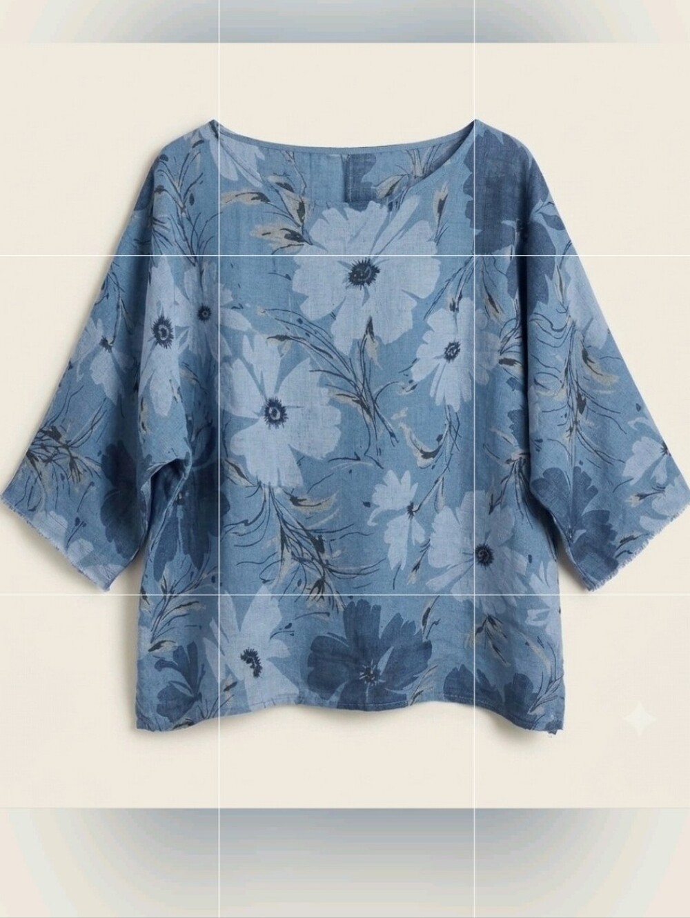 Made in Italy 100% Linen Blue Floral Oversized Kimono Sleeve Blouse OS L - 3XL